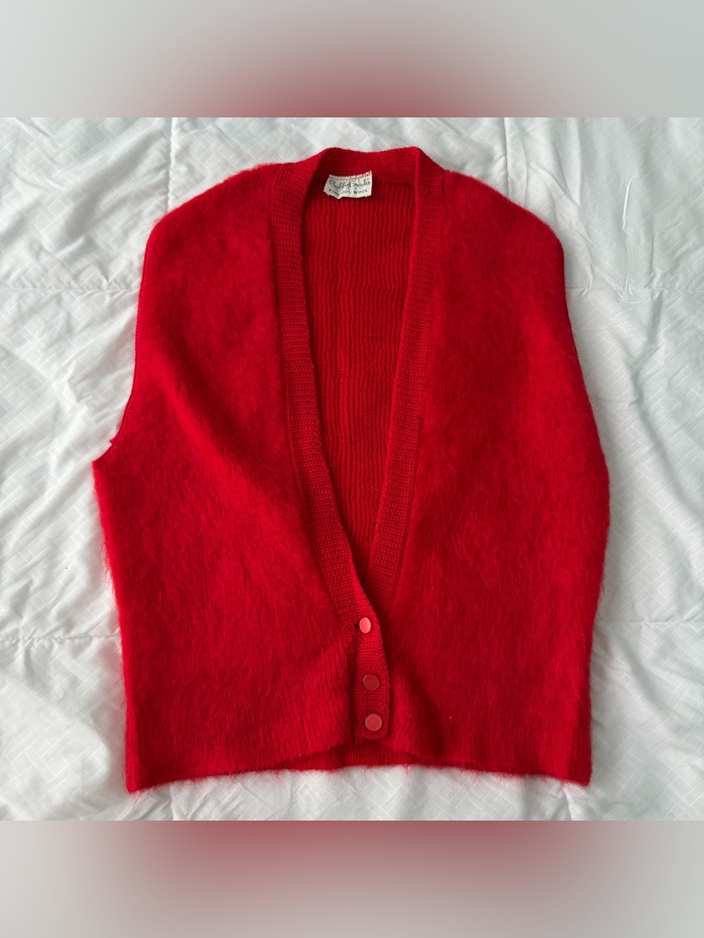 Vintage Bobbie Brooks 100% Wool Fuzzy Knit Sweater Vest S Red Buttons USA Made